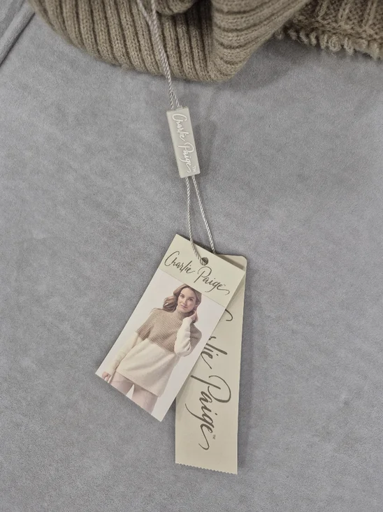 Charlie Paige turtleneck sweater women's small cream beige colorblock fringe - Picture 8 of 12